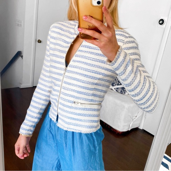 🐚 BIKBOK BLUE IVORY STRIPE FRINGE ELEGANT BLAZER JACKET! - Picture 3 of 15